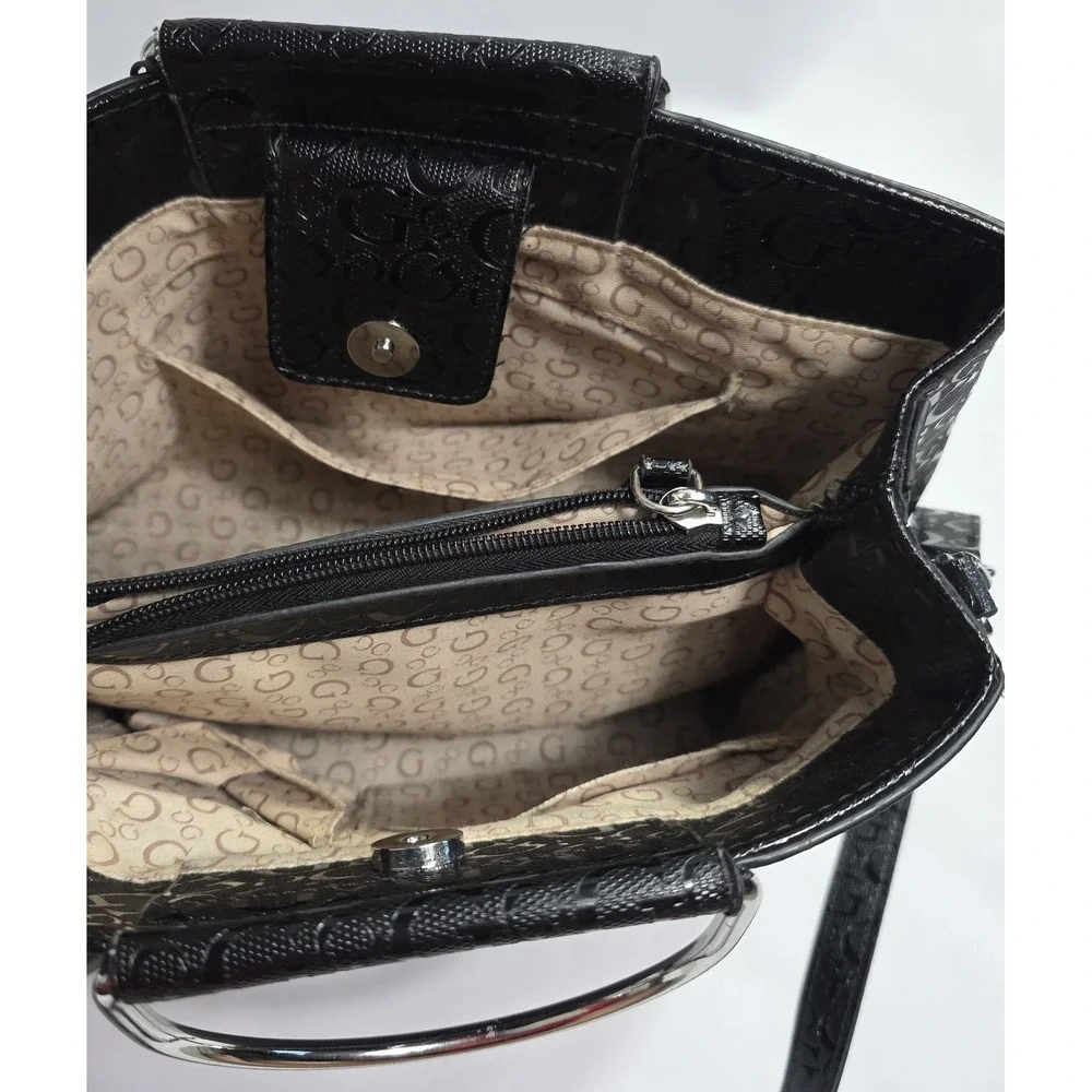 Guess Black Logo Satchel Handbag Silver Handle Crossbody Strap Spacious Bag - Picture 5 of 11